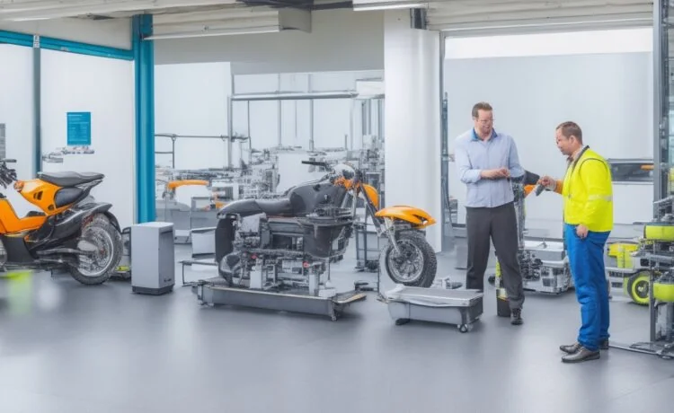 Ein strahlend sonnendurchflutetes Labor mit modernen Elektrofahrzeugen, deren offene Motorhauben Einblicke in glänzende, innovative Batteriemodule bieten, während vorsichtig forschende Hände und natürliche Grüntöne im Hintergrund die harmonische Verbindung von Technik, Nachhaltigkeit und Zukunftsinnovation verkörpern.