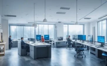 Ein modernes, hell erleuchtetes Büro mit konzentrierten IT-Profis in lebendiger Diskussion vor mehreren großen Bildschirmen, die komplexe Daten und KI-Diagramme anzeigen, umgeben von natürlichen Farbtönen und warmem Tageslicht, das eine positive, zukunftsorientierte Atmosphäre erzeugt.