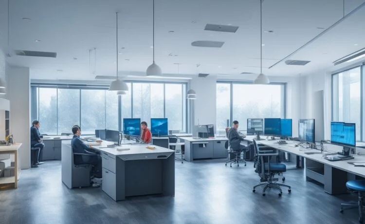 Ein modernes, hell erleuchtetes Büro mit konzentrierten IT-Profis in lebendiger Diskussion vor mehreren großen Bildschirmen, die komplexe Daten und KI-Diagramme anzeigen, umgeben von natürlichen Farbtönen und warmem Tageslicht, das eine positive, zukunftsorientierte Atmosphäre erzeugt.