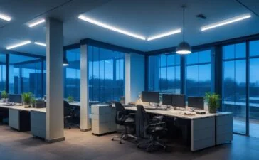 Ein strahlend hell erleuchteter modernes Büro mit fokusierten Entwicklern vor mehreren Monitoren, die lebhaft Daten und Videoinhalte bearbeiten, während sanftes Morgenlicht durch große Fenster fällt und eine warme, einladende Atmosphäre voller kreativer Energie und zukunftsweisender Innovation schafft.