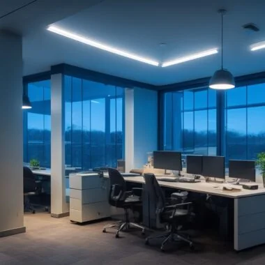 Ein strahlend hell erleuchteter modernes Büro mit fokusierten Entwicklern vor mehreren Monitoren, die lebhaft Daten und Videoinhalte bearbeiten, während sanftes Morgenlicht durch große Fenster fällt und eine warme, einladende Atmosphäre voller kreativer Energie und zukunftsweisender Innovation schafft.