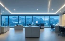 Ein lichtdurchflutetes, modernes Büro mit einem nachdenklichen Manager mittleren Alters, der mit offener Körpersprache vor großen Fenstern steht und entspannt in die Zukunft blickt, während Sonnenlicht warm den Raum erfüllt und Technik sowie Mensch in harmonischem Dialog vereint.