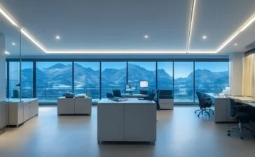 Ein lichtdurchflutetes, modernes Büro mit einem nachdenklichen Manager mittleren Alters, der mit offener Körpersprache vor großen Fenstern steht und entspannt in die Zukunft blickt, während Sonnenlicht warm den Raum erfüllt und Technik sowie Mensch in harmonischem Dialog vereint.