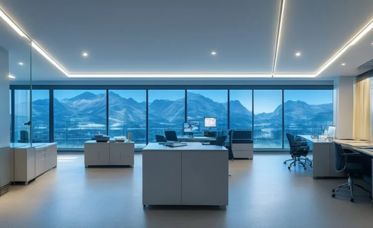 Ein lichtdurchflutetes, modernes Büro mit einem nachdenklichen Manager mittleren Alters, der mit offener Körpersprache vor großen Fenstern steht und entspannt in die Zukunft blickt, während Sonnenlicht warm den Raum erfüllt und Technik sowie Mensch in harmonischem Dialog vereint.