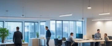 Ein lichtdurchflutetes, freundlich wirkendes Büro mit modernen Computern und zwei Personen in angeregtem Gespräch, die Schlüsselrollen in der KI-Zukunft symbolisieren, eingefangen in warmem Tageslicht und mit klaren, realistischen Details wie Glasflächen, Pflanzen und digitalen Bildschirmen im Hintergrund, die eine Atmosphäre von Fortschritt, Innovation und partnerschaftlicher Zusammenarbeit vermitteln.