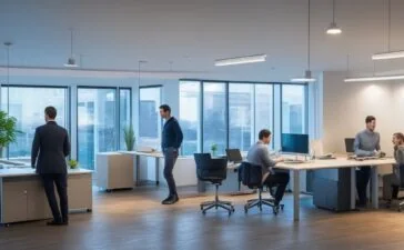 Ein lichtdurchflutetes, freundlich wirkendes Büro mit modernen Computern und zwei Personen in angeregtem Gespräch, die Schlüsselrollen in der KI-Zukunft symbolisieren, eingefangen in warmem Tageslicht und mit klaren, realistischen Details wie Glasflächen, Pflanzen und digitalen Bildschirmen im Hintergrund, die eine Atmosphäre von Fortschritt, Innovation und partnerschaftlicher Zusammenarbeit vermitteln.