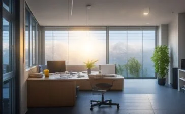 Ein hell erleuchtetes, modernes Büro mit natürlichem Sonnenlicht, in dem eine entspannte Person mit einem freundlichen Lächeln bei einer Tasse Tee entspannt in den Montag startet, während im Hintergrund leichte Geschäftigkeit und fokussierte Kollegen eine produktive, warme Atmosphäre voller Hoffnung und neuer Energie schaffen.