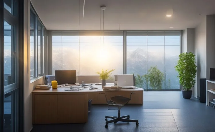 Ein hell erleuchtetes, modernes Büro mit natürlichem Sonnenlicht, in dem eine entspannte Person mit einem freundlichen Lächeln bei einer Tasse Tee entspannt in den Montag startet, während im Hintergrund leichte Geschäftigkeit und fokussierte Kollegen eine produktive, warme Atmosphäre voller Hoffnung und neuer Energie schaffen.