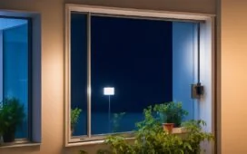 Ein heller, freundlicher Wohnraum im modernen Smarthome-Stil, in dem eine lächelnde Person entspannt mit einem intuitiv gestalteten Tablet die vernetzte Beleuchtung steuert, während warmes Tageslicht durch große Fenster fällt und gemütliche Details wie Pflanzen und Holzmöbel für eine einladende Atmosphäre sorgen.