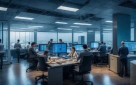 In einem hell erleuchteten, modernen Büro umgeben von digitalen Bildschirmen und konzentrierten Fachleuten entsteht eine warme, optimistische Atmosphäre, während ein Team engagiert an zukunftsweisenden Quantencomputing-Sicherheitslösungen arbeitet und so den bevorstehenden Wandel in der IT-Sicherheit aktiv gestaltet.