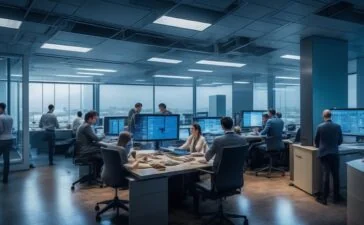 In einem hell erleuchteten, modernen Büro umgeben von digitalen Bildschirmen und konzentrierten Fachleuten entsteht eine warme, optimistische Atmosphäre, während ein Team engagiert an zukunftsweisenden Quantencomputing-Sicherheitslösungen arbeitet und so den bevorstehenden Wandel in der IT-Sicherheit aktiv gestaltet.