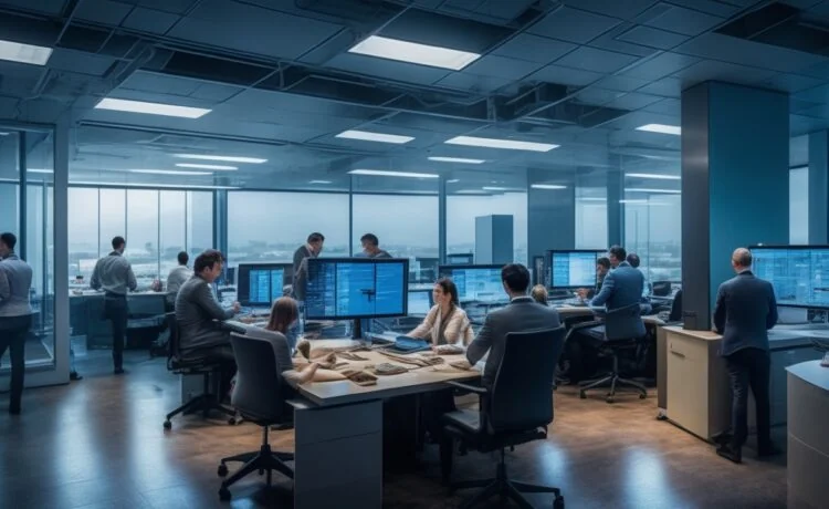 In einem hell erleuchteten, modernen Büro umgeben von digitalen Bildschirmen und konzentrierten Fachleuten entsteht eine warme, optimistische Atmosphäre, während ein Team engagiert an zukunftsweisenden Quantencomputing-Sicherheitslösungen arbeitet und so den bevorstehenden Wandel in der IT-Sicherheit aktiv gestaltet.