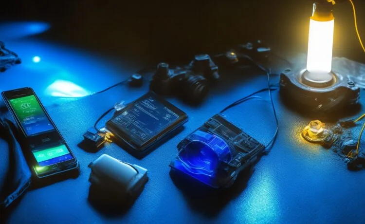 Ein hell erleuchteter Arbeitsplatz mit einer modernen Hand, die ein glänzendes Smartphone hält, umgeben von altmodischen Geräten wie einer digitalen Kamera, einem GPS-Gerät und einem MP3-Player, die sanft unscharf im Hintergrund liegen, während warmes Tageslicht eine freundliche, einladende Atmosphäre schafft und den technologischen Wandel symbolisiert.