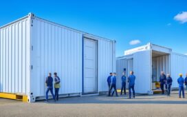 Ein modernes Entwicklerteam arbeitet konzentriert und mit freundlichen Gesten an hell beleuchteten Arbeitsplätzen, umgeben von minimalistischer Technik und transparenten Bildschirmen, die komplexe Container- und Sicherheitsprozesse darstellen, während warme Tageslichtstrahlen durch große Fenster fallen und eine Atmosphäre von Klarheit und Zuversicht schaffen.