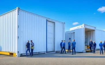 Ein modernes Entwicklerteam arbeitet konzentriert und mit freundlichen Gesten an hell beleuchteten Arbeitsplätzen, umgeben von minimalistischer Technik und transparenten Bildschirmen, die komplexe Container- und Sicherheitsprozesse darstellen, während warme Tageslichtstrahlen durch große Fenster fallen und eine Atmosphäre von Klarheit und Zuversicht schaffen.