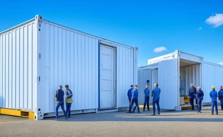 Ein modernes Entwicklerteam arbeitet konzentriert und mit freundlichen Gesten an hell beleuchteten Arbeitsplätzen, umgeben von minimalistischer Technik und transparenten Bildschirmen, die komplexe Container- und Sicherheitsprozesse darstellen, während warme Tageslichtstrahlen durch große Fenster fallen und eine Atmosphäre von Klarheit und Zuversicht schaffen.