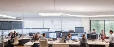 In einem hell erleuchteten, modernen Büro sitzt ein Team aus vielseitigen Fachkräften konzentriert um einen großen Tisch, lebhaft im Austausch über digitale Strategien zur Optimierung von KI-Workflows, während durch große Fenster warmes Tageslicht fällt und eine freundliche Atmosphäre voller Innovationsgeist und Zusammenarbeit schafft.