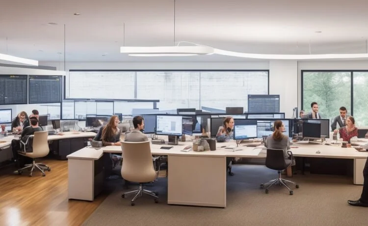 In einem hell erleuchteten, modernen Büro sitzt ein Team aus vielseitigen Fachkräften konzentriert um einen großen Tisch, lebhaft im Austausch über digitale Strategien zur Optimierung von KI-Workflows, während durch große Fenster warmes Tageslicht fällt und eine freundliche Atmosphäre voller Innovationsgeist und Zusammenarbeit schafft.