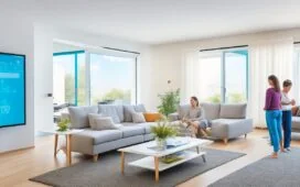 Ein modernes, sonnendurchflutetes Wohnzimmer mit stilvoll integrierten Smart-Home-Geräten und einer entspannt lächelnden Familie, die intuitiv mit Sprachsteuerung und Tablet-Anwendungen interagiert – ein harmonisches Zusammenspiel von Technologie und menschlicher Wärme in natürlichem Licht.
