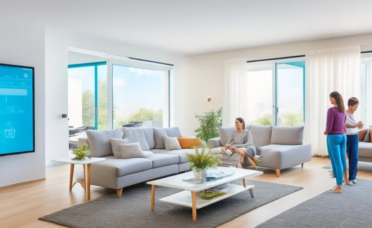 Ein modernes, sonnendurchflutetes Wohnzimmer mit stilvoll integrierten Smart-Home-Geräten und einer entspannt lächelnden Familie, die intuitiv mit Sprachsteuerung und Tablet-Anwendungen interagiert – ein harmonisches Zusammenspiel von Technologie und menschlicher Wärme in natürlichem Licht.