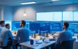 Ein warm beleuchtetes, modernes Büro mit einem fokussierten DevOps-Team aus vielfältigen IT-Expert:innen, die bei natürlichem Tageslicht gemeinsam an Monitoren mit komplexen Daten und KI-Analysen arbeiten, umgeben von Pflanzen und offenen Fenstern, die eine freundliche, produktive Atmosphäre voller Zusammenarbeit und technologischer Innovation vermitteln.