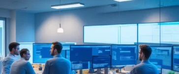 Ein warm beleuchtetes, modernes Büro mit einem fokussierten DevOps-Team aus vielfältigen IT-Expert:innen, die bei natürlichem Tageslicht gemeinsam an Monitoren mit komplexen Daten und KI-Analysen arbeiten, umgeben von Pflanzen und offenen Fenstern, die eine freundliche, produktive Atmosphäre voller Zusammenarbeit und technologischer Innovation vermitteln.