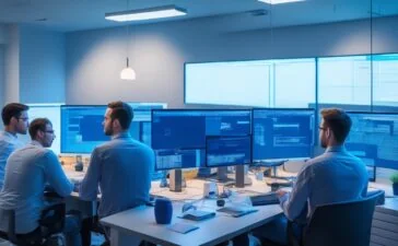 Ein warm beleuchtetes, modernes Büro mit einem fokussierten DevOps-Team aus vielfältigen IT-Expert:innen, die bei natürlichem Tageslicht gemeinsam an Monitoren mit komplexen Daten und KI-Analysen arbeiten, umgeben von Pflanzen und offenen Fenstern, die eine freundliche, produktive Atmosphäre voller Zusammenarbeit und technologischer Innovation vermitteln.