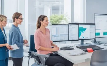 Helle, freundliche Büroszene mit engagierten IT-Expert:innen in moderner Arbeitsumgebung, die konzentriert an Computern mit komplexen Code- und Datenvisualisierungen arbeiten, umgeben von warmem Tageslicht und einer Atmosphäre produktiver Zusammenarbeit im Spannungsfeld von Cybersicherheit und Künstlicher Intelligenz.