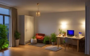 Ein hell erleuchteter, moderner Wohnraum mit freundlicher Atmosphäre zeigt eine Person entspannt vor ihrem Laptop sitzend, während im Hintergrund ein aktueller Router dezent auf einem Regal steht und warmes, natürliches Tageslicht durch große Fenster fällt, das die Sicherheit und Zukunftsfähigkeit eines gut geschützten Heimnetzwerks symbolisiert.