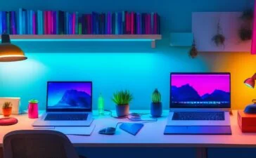 Ein stimmungsvoller, natürlich beleuchteter Arbeitsplatz mit einem modernen Laptop, auf dessen Bildschirm verschiedene lebendige Farbschemata und Farbkurven zu sehen sind, umgeben von Notizbüchern, Farbfächern und einer Tasse Kaffee in warmem Sonnenlicht, das eine kreative und zukunftsorientierte Atmosphäre des digitalen Farbdesigns vermittelt.