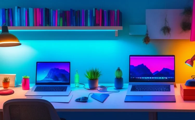 Ein stimmungsvoller, natürlich beleuchteter Arbeitsplatz mit einem modernen Laptop, auf dessen Bildschirm verschiedene lebendige Farbschemata und Farbkurven zu sehen sind, umgeben von Notizbüchern, Farbfächern und einer Tasse Kaffee in warmem Sonnenlicht, das eine kreative und zukunftsorientierte Atmosphäre des digitalen Farbdesigns vermittelt.