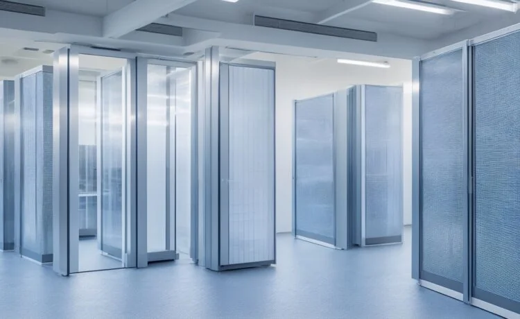 In einem modernen Rechenzentrum strahlt warmes Tageslicht durch große Fenster, während technikaffine Fachleute konzentriert an hochmodernen Serverracks arbeiten und so den lebendigen Geist von Innovation und nachhaltigem Fortschritt in der digitalen Infrastruktur verkörpern.