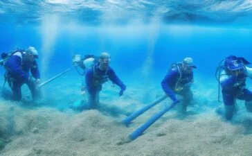 Ein strahlend sonnendurchflutetes Bild eines modernen Ozeanabschnitts mit klarer, blauer Wasseroberfläche, auf der im Vordergrund ein hochprofessionelles Forschungsschiff ruhig schwebt, während Taucher mit technischer Ausrüstung behutsam an einem Unterseekabel arbeiten – ein symbolträchtiger Moment, der die unsichtbare, aber lebenswichtige Verbindung unserer digitalen Welt in warmem, einladendem Licht zeigt.