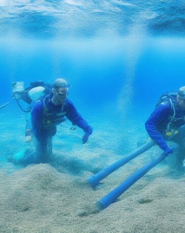 Ein strahlend sonnendurchflutetes Bild eines modernen Ozeanabschnitts mit klarer, blauer Wasseroberfläche, auf der im Vordergrund ein hochprofessionelles Forschungsschiff ruhig schwebt, während Taucher mit technischer Ausrüstung behutsam an einem Unterseekabel arbeiten – ein symbolträchtiger Moment, der die unsichtbare, aber lebenswichtige Verbindung unserer digitalen Welt in warmem, einladendem Licht zeigt.