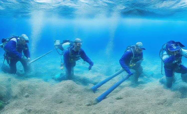 Ein strahlend sonnendurchflutetes Bild eines modernen Ozeanabschnitts mit klarer, blauer Wasseroberfläche, auf der im Vordergrund ein hochprofessionelles Forschungsschiff ruhig schwebt, während Taucher mit technischer Ausrüstung behutsam an einem Unterseekabel arbeiten – ein symbolträchtiger Moment, der die unsichtbare, aber lebenswichtige Verbindung unserer digitalen Welt in warmem, einladendem Licht zeigt.