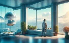 Ein heller, modern gestalteter Empfangsbereich einer Arztpraxis, in dem eine freundliche, beruhigende Atmosphäre durch warme Sonneneinstrahlung und natürliche Materialien entsteht, während ein futuristisches, aber unaufdringliches KI-Interface auf einem Bildschirm dezent den Dialog mit Patienten vermittelt.