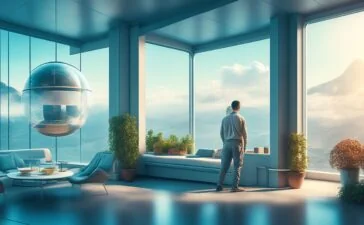 Ein heller, modern gestalteter Empfangsbereich einer Arztpraxis, in dem eine freundliche, beruhigende Atmosphäre durch warme Sonneneinstrahlung und natürliche Materialien entsteht, während ein futuristisches, aber unaufdringliches KI-Interface auf einem Bildschirm dezent den Dialog mit Patienten vermittelt.