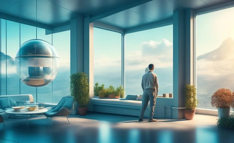Ein heller, modern gestalteter Empfangsbereich einer Arztpraxis, in dem eine freundliche, beruhigende Atmosphäre durch warme Sonneneinstrahlung und natürliche Materialien entsteht, während ein futuristisches, aber unaufdringliches KI-Interface auf einem Bildschirm dezent den Dialog mit Patienten vermittelt.