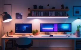 Ein hell erleuchteter, moderner Arbeitsplatz mit einem aufgeschlagenen Laptop, auf dessen Bildschirm lebendige, harmonisch abgestimmte Farbpaletten in warmen, natürlichen Tönen glänzen, umgeben von stilvollen Designutensilien und frischen Pflanzen, die eine freundliche und innovationsfreudige Atmosphäre webdesignorientierter Kreativität vermitteln.