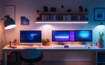 Ein hell erleuchteter, moderner Arbeitsplatz mit einem aufgeschlagenen Laptop, auf dessen Bildschirm lebendige, harmonisch abgestimmte Farbpaletten in warmen, natürlichen Tönen glänzen, umgeben von stilvollen Designutensilien und frischen Pflanzen, die eine freundliche und innovationsfreudige Atmosphäre webdesignorientierter Kreativität vermitteln.