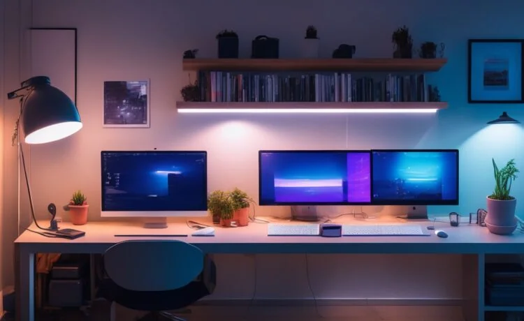 Ein hell erleuchteter, moderner Arbeitsplatz mit einem aufgeschlagenen Laptop, auf dessen Bildschirm lebendige, harmonisch abgestimmte Farbpaletten in warmen, natürlichen Tönen glänzen, umgeben von stilvollen Designutensilien und frischen Pflanzen, die eine freundliche und innovationsfreudige Atmosphäre webdesignorientierter Kreativität vermitteln.