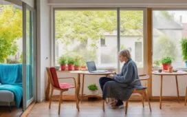 In einem sonnendurchfluteten, modernen Wohnzimmer sitzt eine junge Frau entspannt mit Kopfhörern und einem Laptop vor sich, während sanftes Tageslicht durch große Fenster fällt und eine freundliche, warme Atmosphäre voller Neugier und kreativer Inspiration vermittelt.