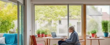In einem sonnendurchfluteten, modernen Wohnzimmer sitzt eine junge Frau entspannt mit Kopfhörern und einem Laptop vor sich, während sanftes Tageslicht durch große Fenster fällt und eine freundliche, warme Atmosphäre voller Neugier und kreativer Inspiration vermittelt.