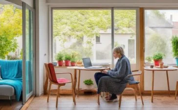 In einem sonnendurchfluteten, modernen Wohnzimmer sitzt eine junge Frau entspannt mit Kopfhörern und einem Laptop vor sich, während sanftes Tageslicht durch große Fenster fällt und eine freundliche, warme Atmosphäre voller Neugier und kreativer Inspiration vermittelt.