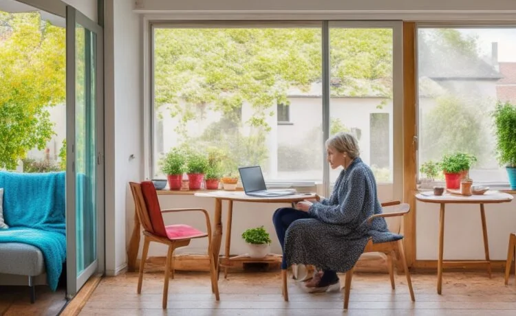 In einem sonnendurchfluteten, modernen Wohnzimmer sitzt eine junge Frau entspannt mit Kopfhörern und einem Laptop vor sich, während sanftes Tageslicht durch große Fenster fällt und eine freundliche, warme Atmosphäre voller Neugier und kreativer Inspiration vermittelt.