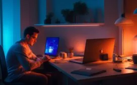 In einem hell erleuchteten, modernen Büro zeigt eine nachdenkliche junge Person mit Laptop und Smartphone in der Hand die spannende Ambivalenz digitaler Überwachung – umgeben von warmem Tageslicht, das die Mischung aus technologischem Fortschritt und menschlicher Verantwortung eindrucksvoll einfängt.