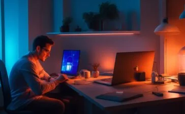 In einem hell erleuchteten, modernen Büro zeigt eine nachdenkliche junge Person mit Laptop und Smartphone in der Hand die spannende Ambivalenz digitaler Überwachung – umgeben von warmem Tageslicht, das die Mischung aus technologischem Fortschritt und menschlicher Verantwortung eindrucksvoll einfängt.