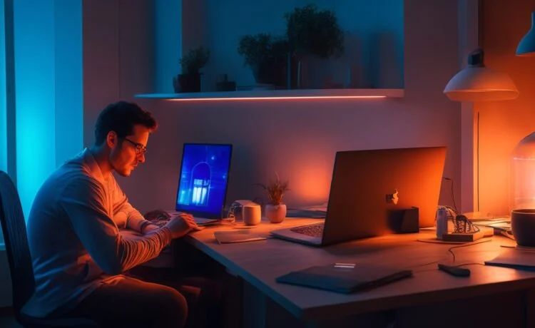 In einem hell erleuchteten, modernen Büro zeigt eine nachdenkliche junge Person mit Laptop und Smartphone in der Hand die spannende Ambivalenz digitaler Überwachung – umgeben von warmem Tageslicht, das die Mischung aus technologischem Fortschritt und menschlicher Verantwortung eindrucksvoll einfängt.