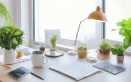 Ein warm beleuchtetes, modern eingerichtetes Büro mit einem offenen Briefumschlag auf dem Schreibtisch, umgeben von sonnendurchflutetem Raum und freundlichen Details wie einer Kaffeetasse, Notebook und grünen Pflanzen, die die Verbindung von analoger Haptik und digitaler Arbeitswelt emotional und einladend widerspiegeln.