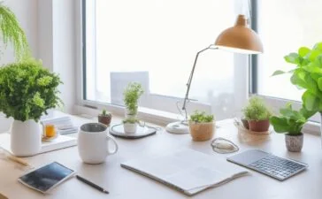 Ein warm beleuchtetes, modern eingerichtetes Büro mit einem offenen Briefumschlag auf dem Schreibtisch, umgeben von sonnendurchflutetem Raum und freundlichen Details wie einer Kaffeetasse, Notebook und grünen Pflanzen, die die Verbindung von analoger Haptik und digitaler Arbeitswelt emotional und einladend widerspiegeln.